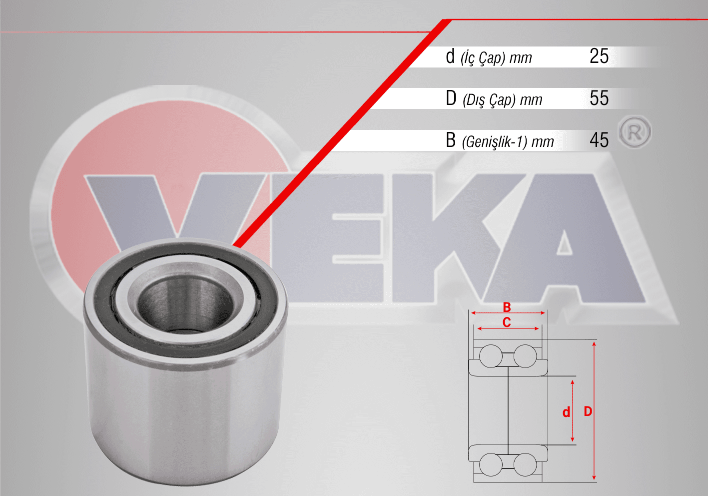 ARKA TEKERLEK RULMANI 25X55X45 CLIO III 1.5-1.4i 16v-1.6i 16v 05-12/MEGANE II 1.5-1.6i 16v-1.4i 16v 02-08/MODUS 1.5-1.6 04-
