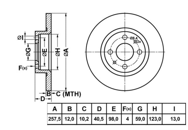 FREN DISK ON DUZ 257 MM FIAT 500 BRAVO MAREA PUNTO TEMPRA TIPO